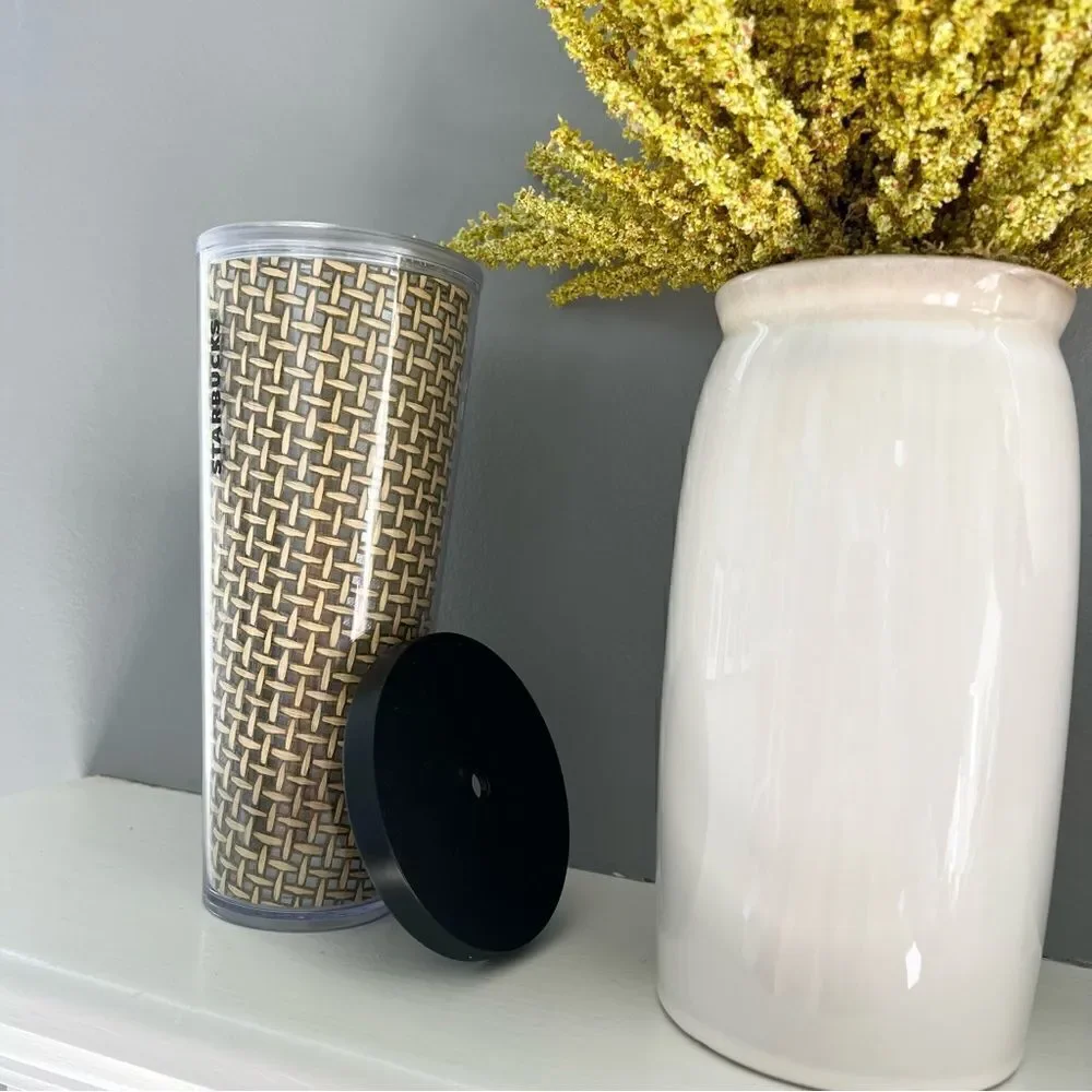 Starbucks Tumbler Cup Venti Cold Drink Burlap Woven Basket Weave Acrylic Cup NWT